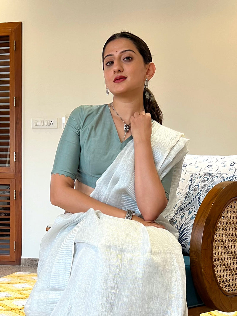 Divya x Rozaana | Elbow Sleeves Saree Blouse in Mint Green-Binks