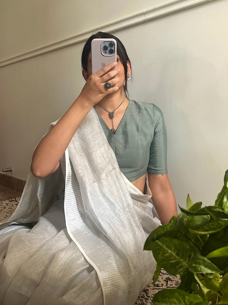 Divya x Rozaana | Elbow Sleeves Saree Blouse in Mint Green-Binks