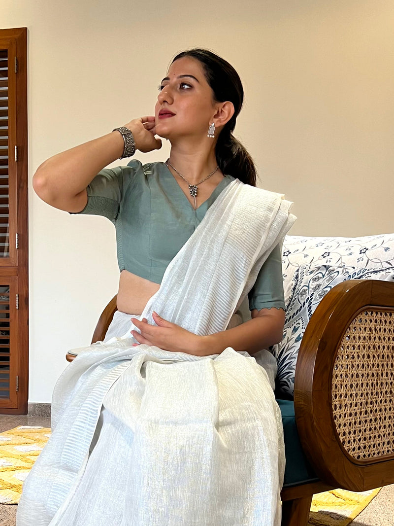 Divya x Rozaana | Elbow Sleeves Saree Blouse in Mint Green-Binks