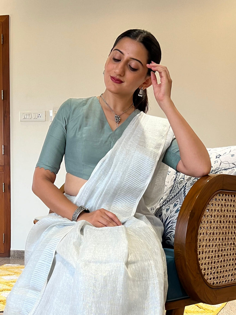 Divya x Rozaana | Elbow Sleeves Saree Blouse in Mint Green-Binks