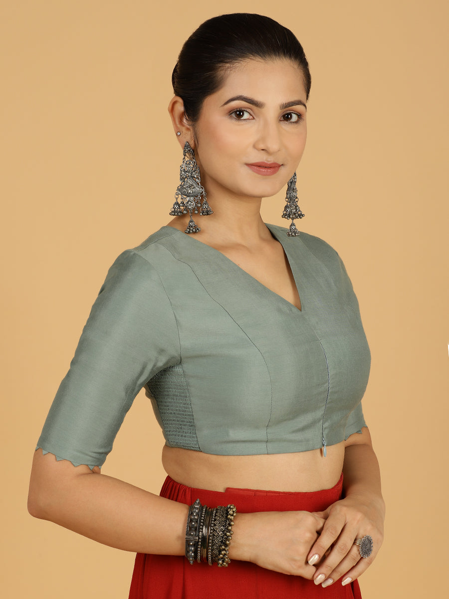 Divya x Rozaana Saree Blouse, in Green Viscose, featuring elbow sleeves and v-neckline, made for daily & work (view 6).