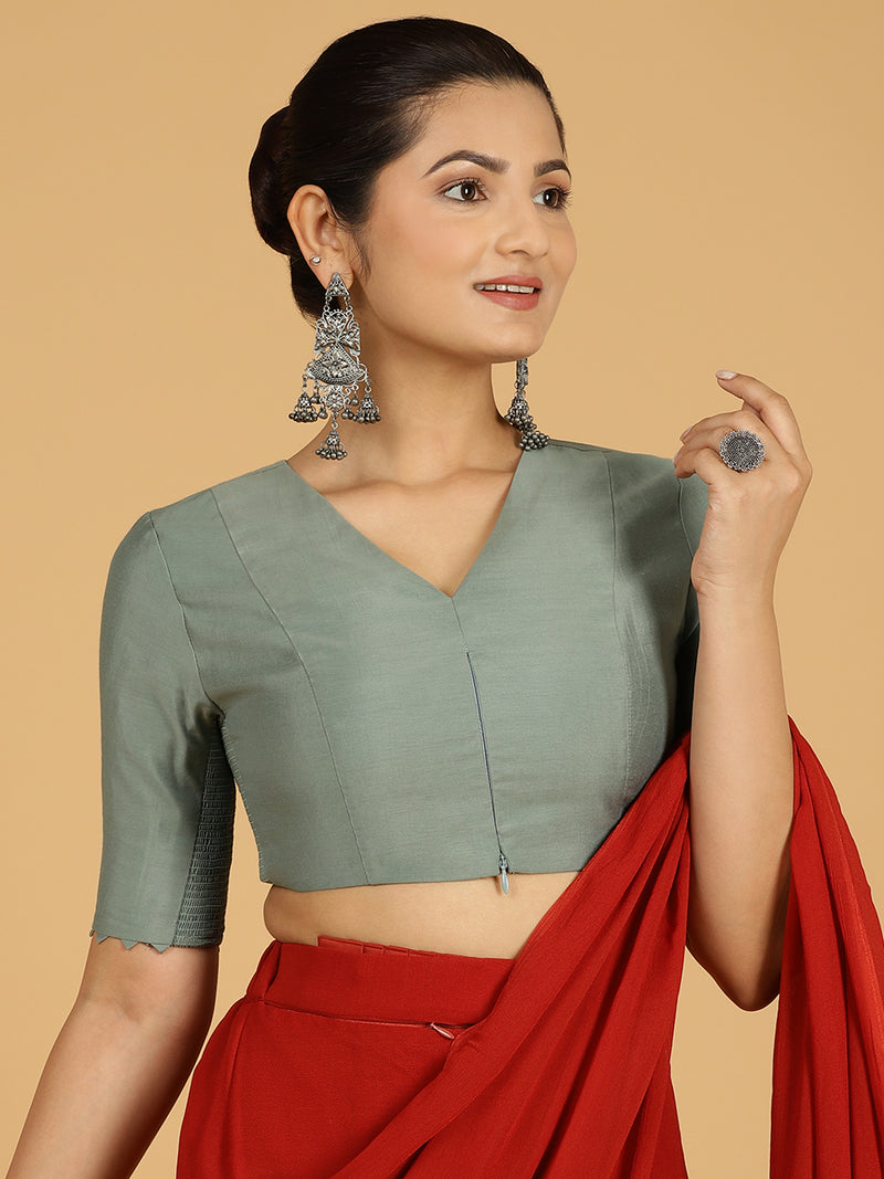 Divya x Rozaana | Elbow Sleeves Saree Blouse in Mint Green-Binks