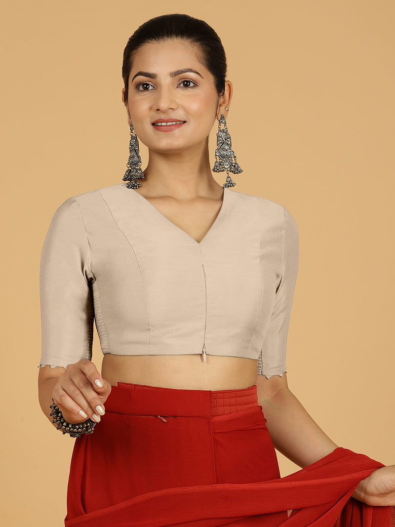 Divya x Rozaana | Elbow Sleeves Saree Blouse in Oyster Grey-Binks