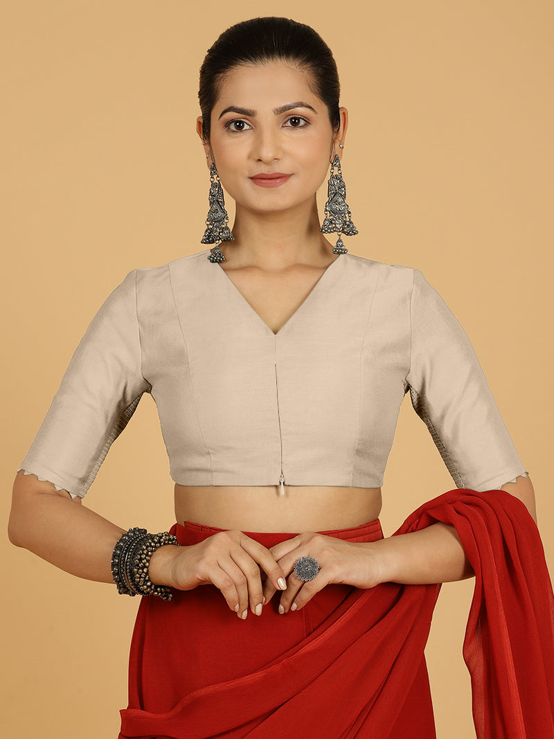 Divya x Rozaana | Elbow Sleeves Saree Blouse in Oyster Grey-Binks