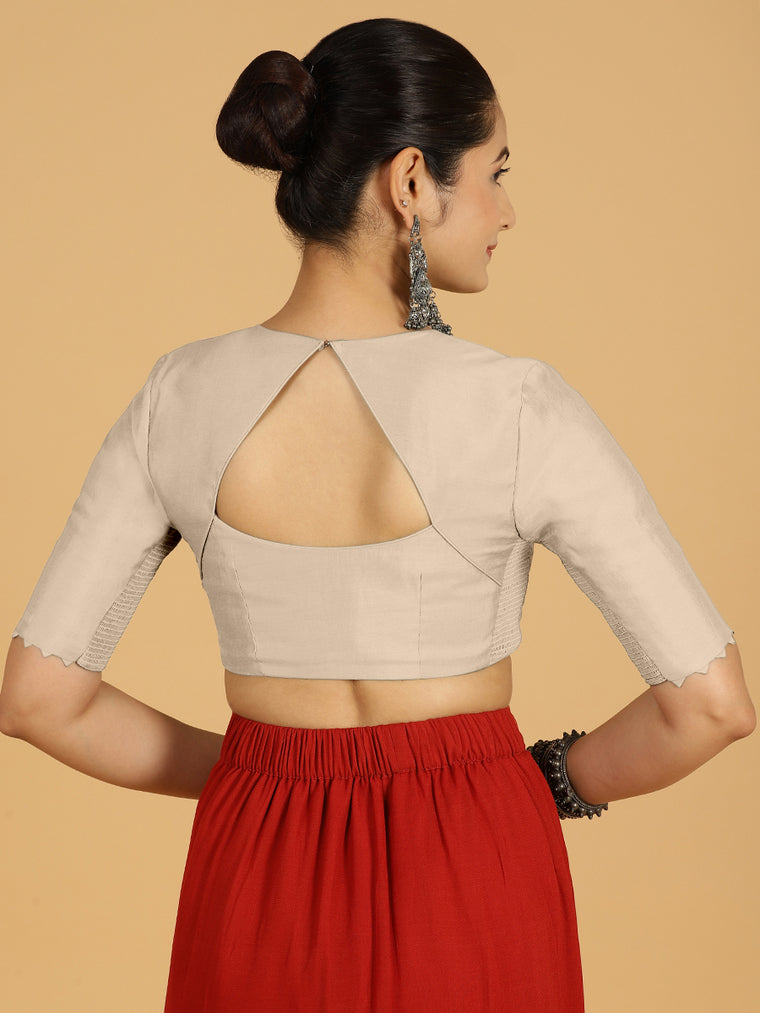 Divya x Rozaana Saree Blouse, in Grey Viscose, featuring elbow sleeves and v-neckline, made for daily & work (view 2).