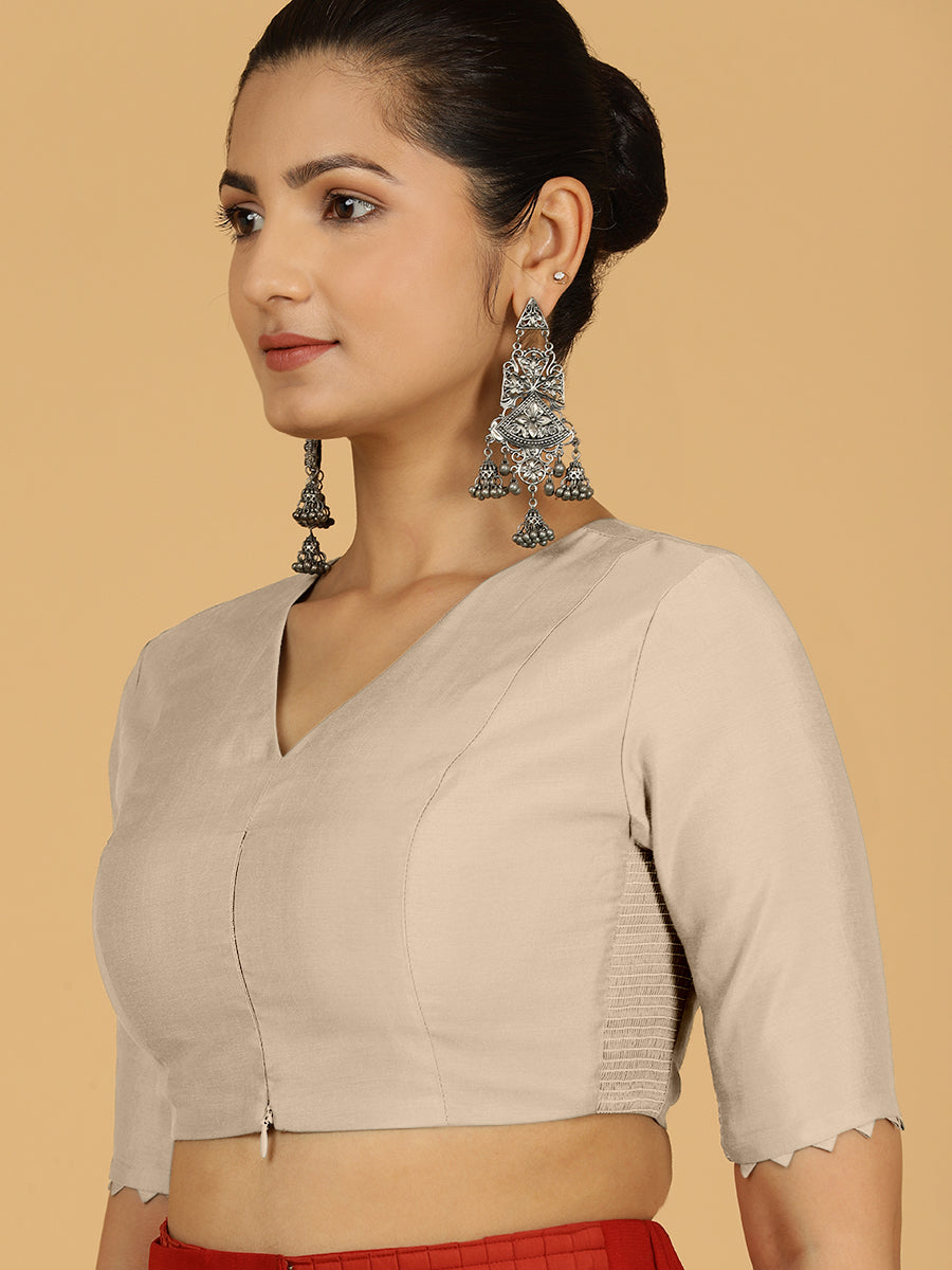 Divya x Rozaana Saree Blouse, in Grey Viscose, featuring elbow sleeves and v-neckline, made for daily & work (view 5).