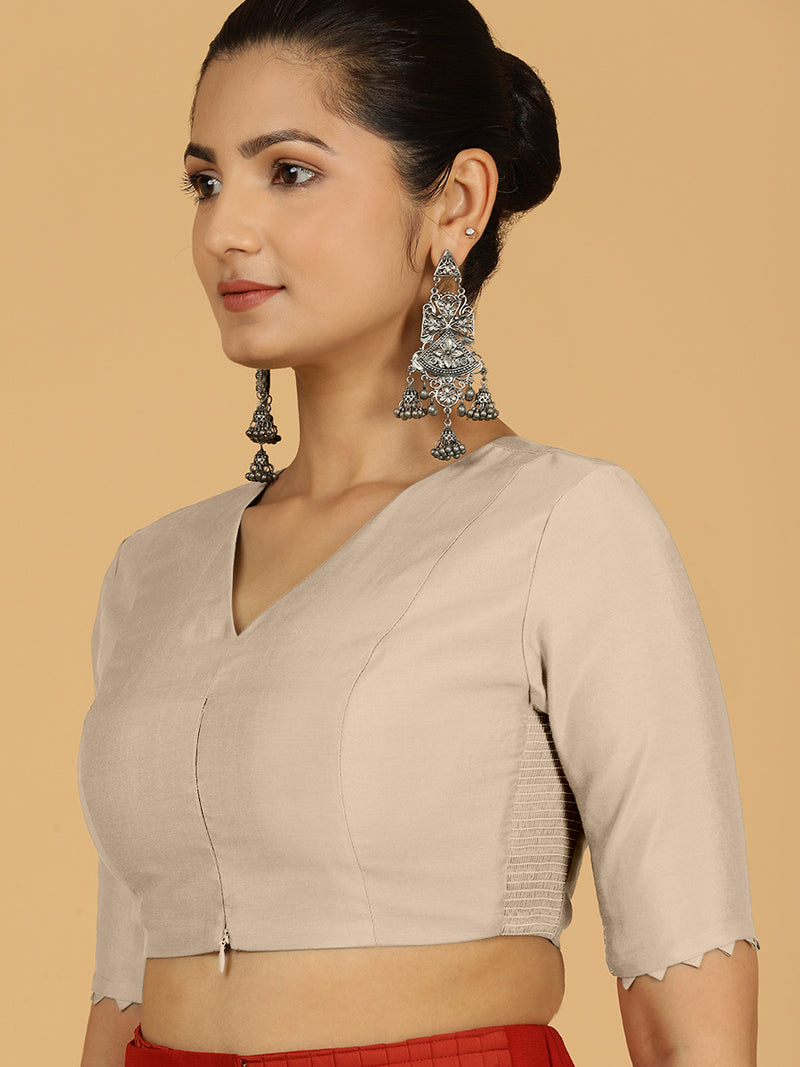 Divya x Rozaana | Elbow Sleeves Saree Blouse in Oyster Grey-Binks