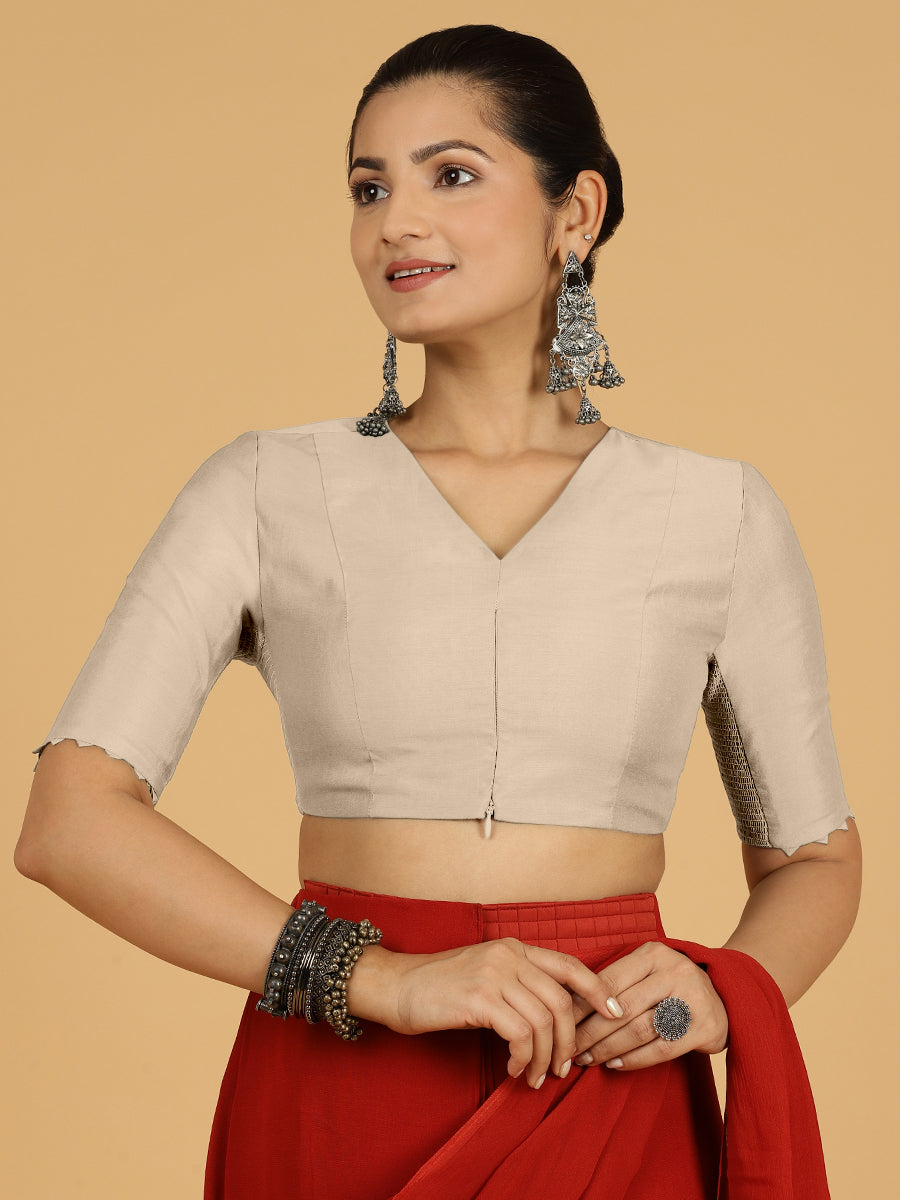 Divya x Rozaana Saree Blouse, in Grey Viscose, featuring elbow sleeves and v-neckline, made for daily & work (view 8).