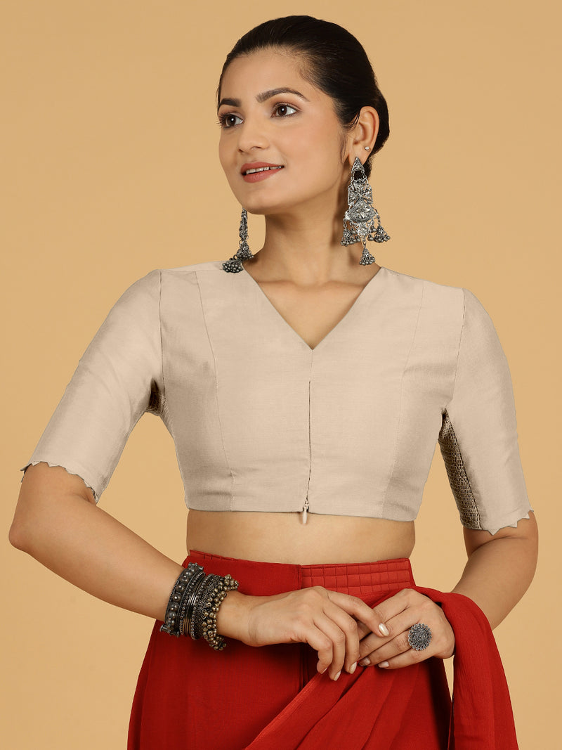 Divya x Rozaana | Elbow Sleeves Saree Blouse in Oyster Grey-Binks