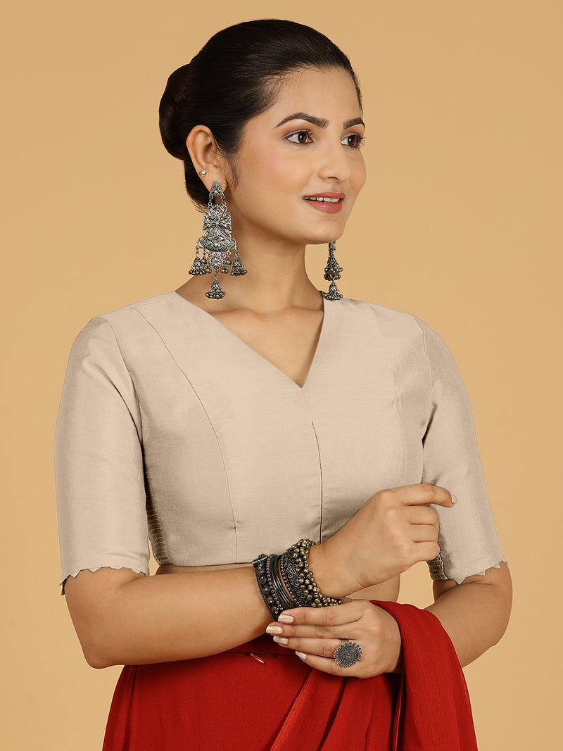 Divya x Rozaana | Elbow Sleeves Saree Blouse in Oyster Grey-Binks