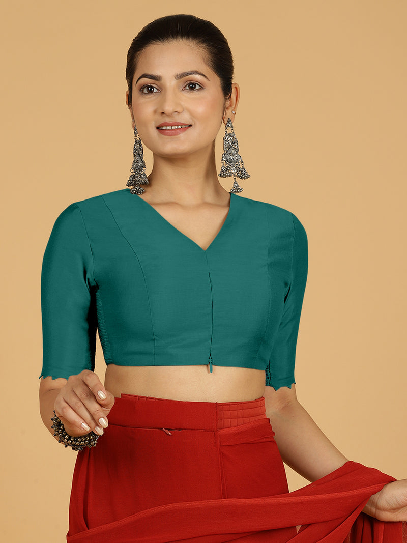 Divya x Rozaana | Elbow Sleeves Saree Blouse in Peacock Green-Binks