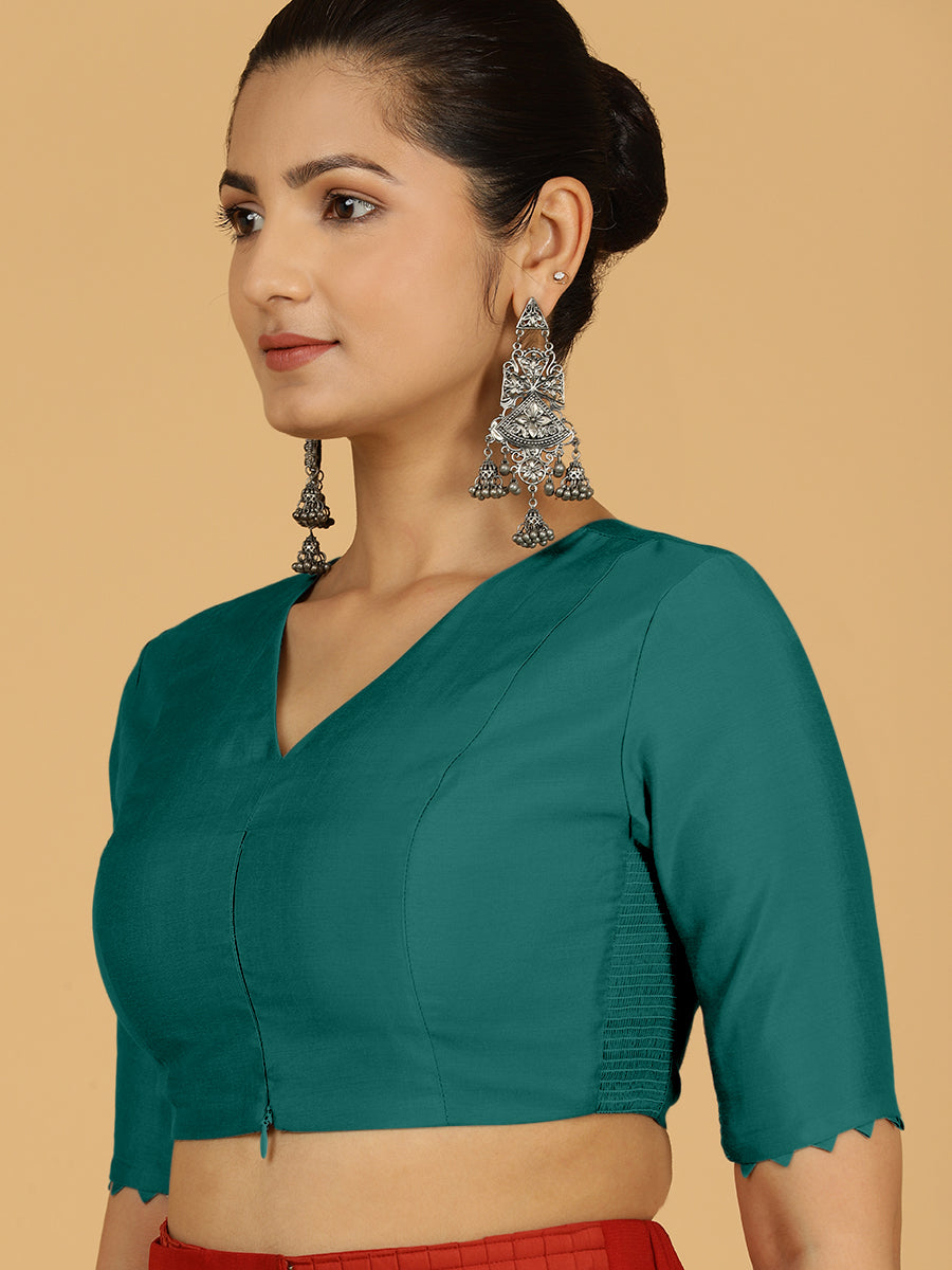 Divya x Rozaana Saree Blouse, in Green Viscose, featuring elbow sleeves and v-neckline, made for daily & work (view 5).