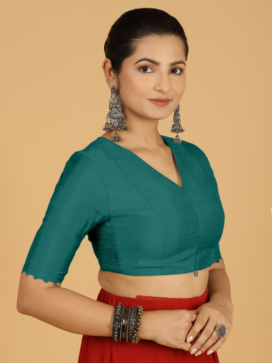 Divya x Rozaana Saree Blouse, in Green Viscose, featuring elbow sleeves and v-neckline, made for daily & work (view 6).
