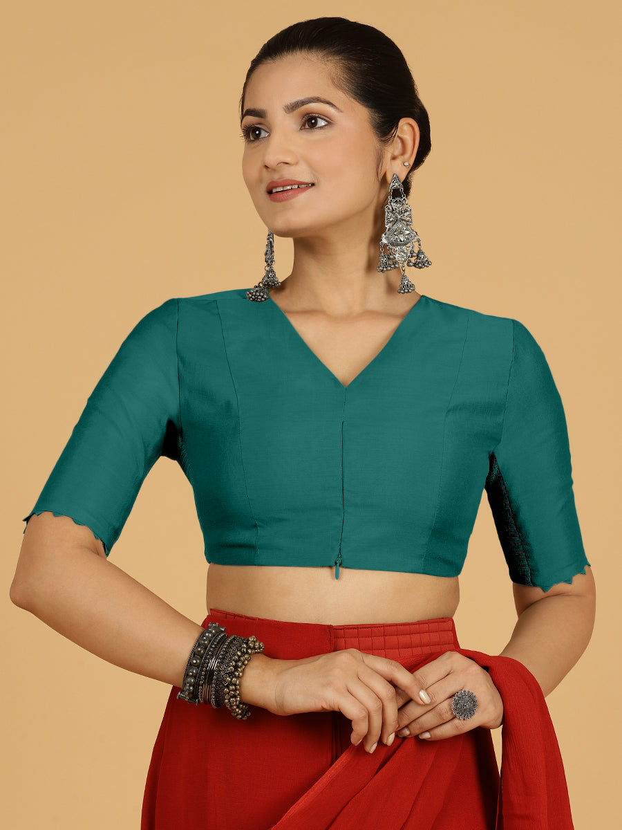 Divya x Rozaana Saree Blouse, in Green Viscose, featuring elbow sleeves and v-neckline, made for daily & work (view 8).