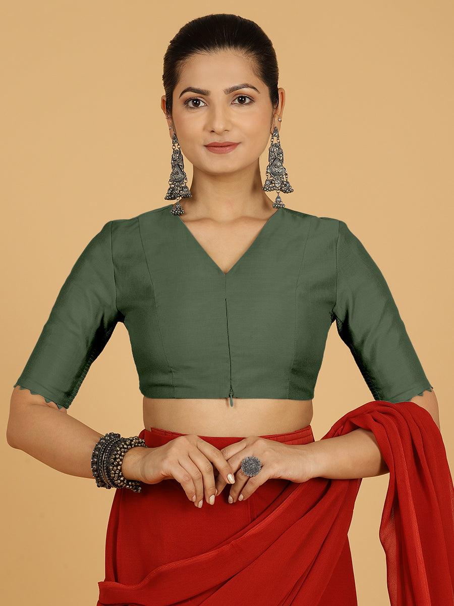 Divya x Rozaana Saree Blouse, in Green Viscose, featuring elbow sleeves and v-neckline, made for daily & work.