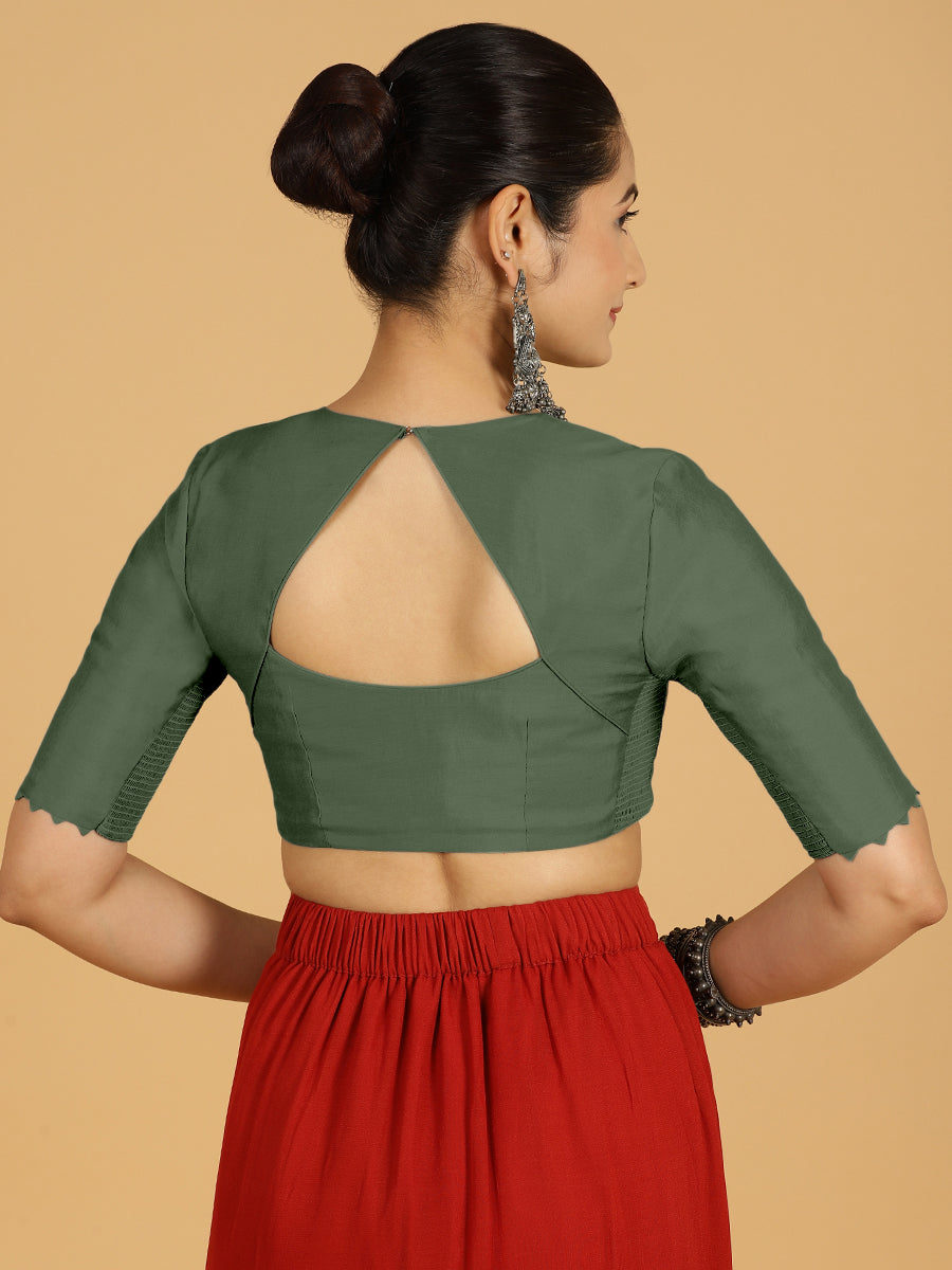 Divya x Rozaana Saree Blouse, in Green Viscose, featuring elbow sleeves and v-neckline, made for daily & work (view 2).