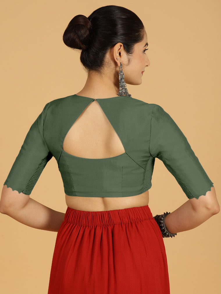 Divya x Rozaana Saree Blouse, in Green Viscose, featuring elbow sleeves and v-neckline, made for daily & work (view 2).