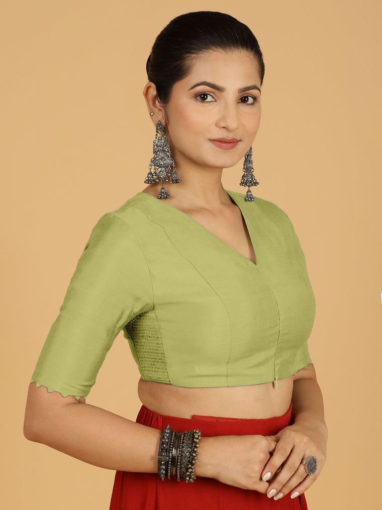 Divya x Rozaana Saree Blouse, in Green Viscose, featuring elbow sleeves and v-neckline, made for daily & work.