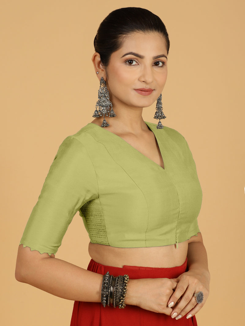 Divya x Rozaana | Elbow Sleeves Saree Blouse in Pista Green-Binks