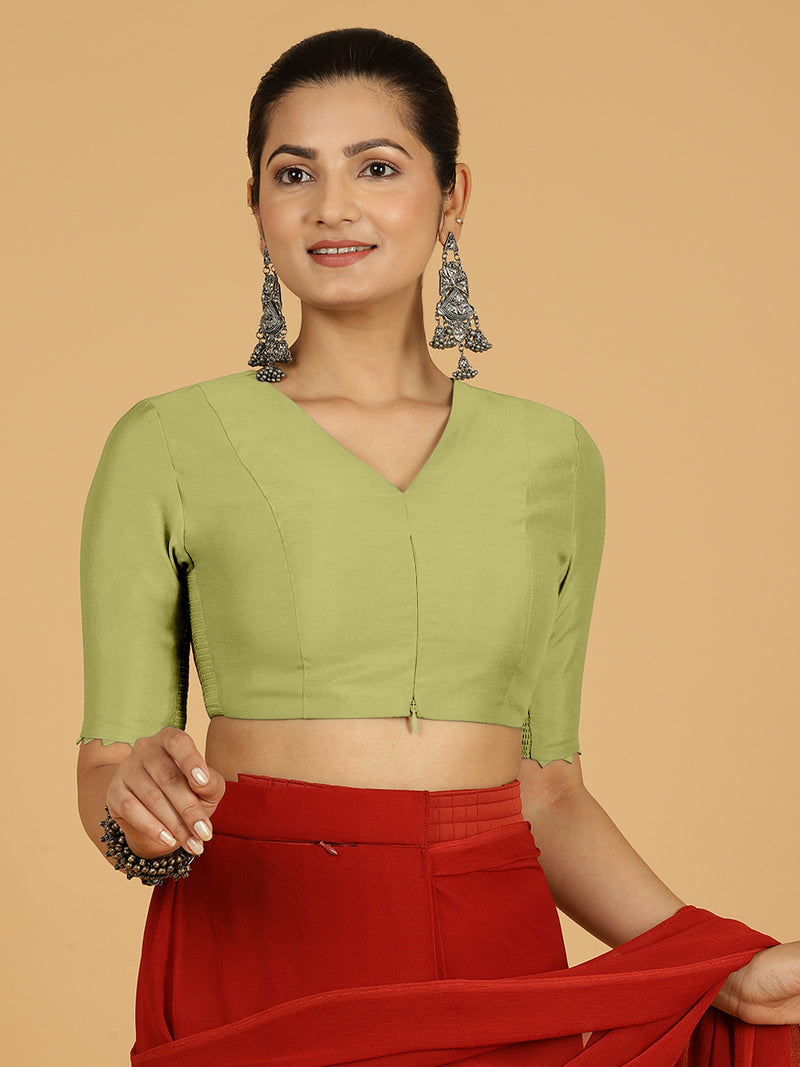 Divya x Rozaana | Elbow Sleeves Saree Blouse in Pista Green-Binks