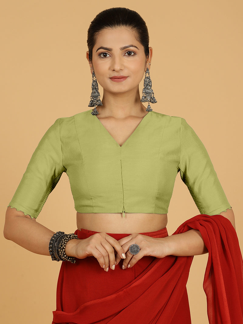Divya x Rozaana | Elbow Sleeves Saree Blouse in Pista Green-Binks
