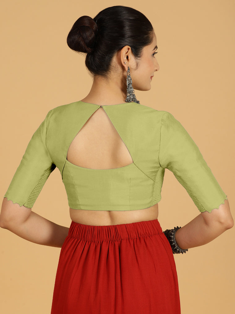 Divya x Rozaana Saree Blouse, in Green Viscose, featuring elbow sleeves and v-neckline, made for daily & work (view 2).
