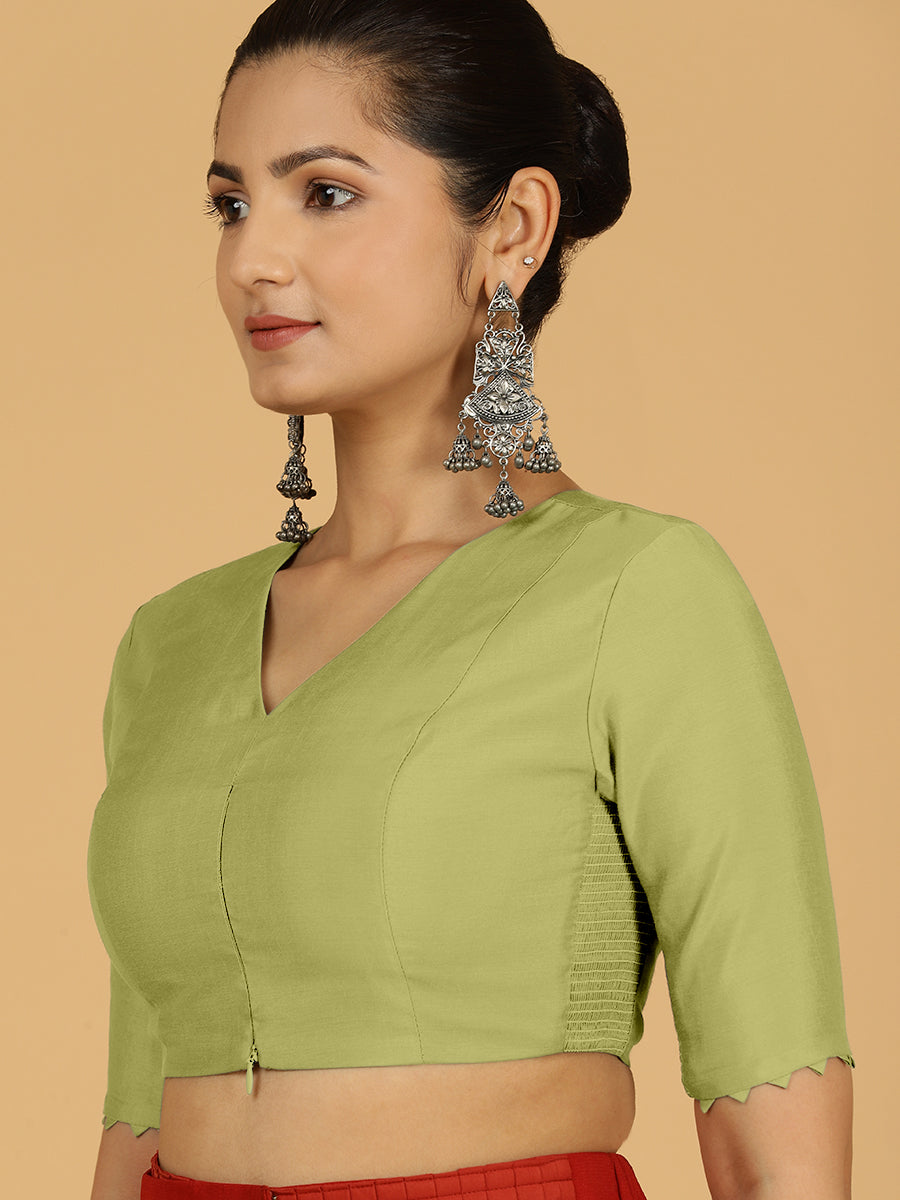 Divya x Rozaana Saree Blouse, in Green Viscose, featuring elbow sleeves and v-neckline, made for daily & work (view 5).
