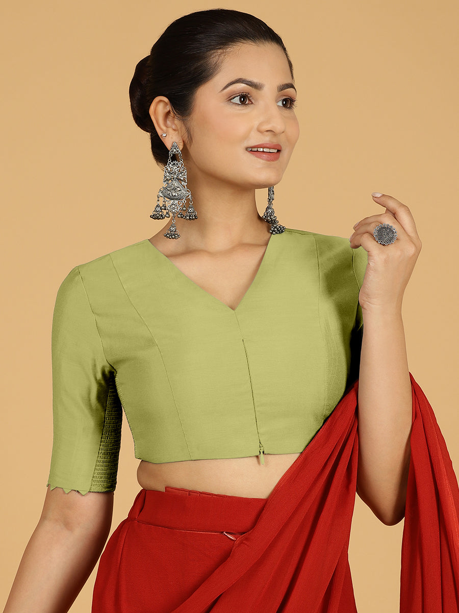 Divya x Rozaana Saree Blouse, in Green Viscose, featuring elbow sleeves and v-neckline, made for daily & work (view 6).