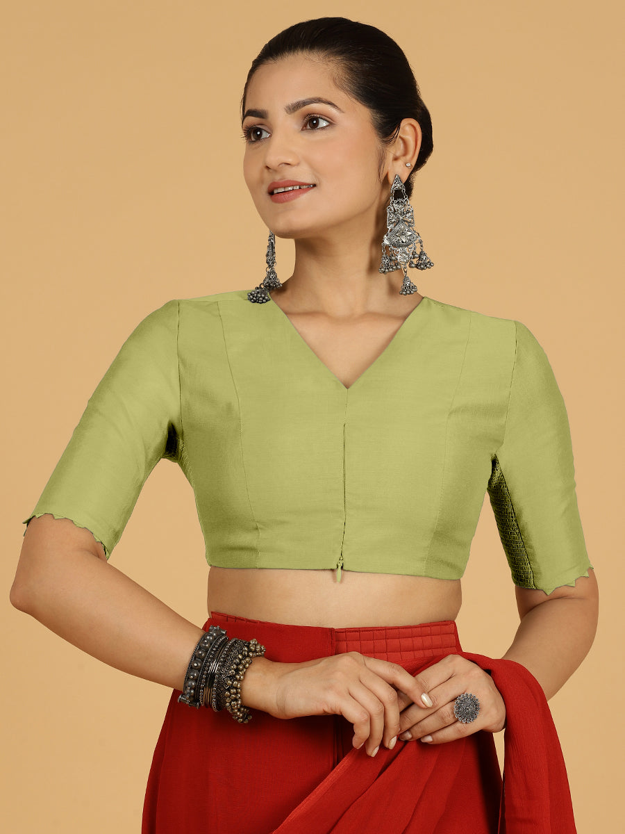Divya x Rozaana Saree Blouse, in Green Viscose, featuring elbow sleeves and v-neckline, made for daily & work (view 7).
