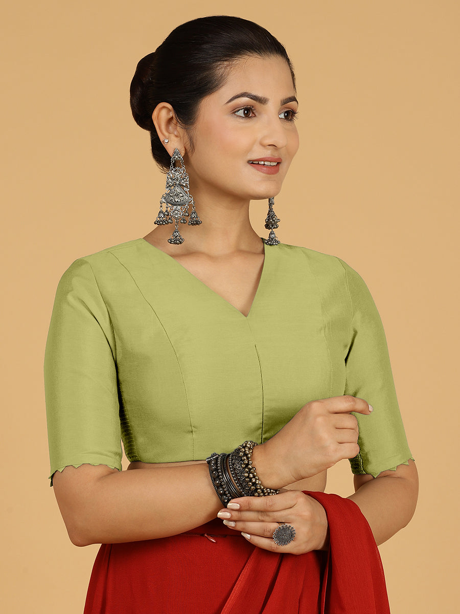 Divya x Rozaana Saree Blouse, in Green Viscose, featuring elbow sleeves and v-neckline, made for daily & work (view 8).