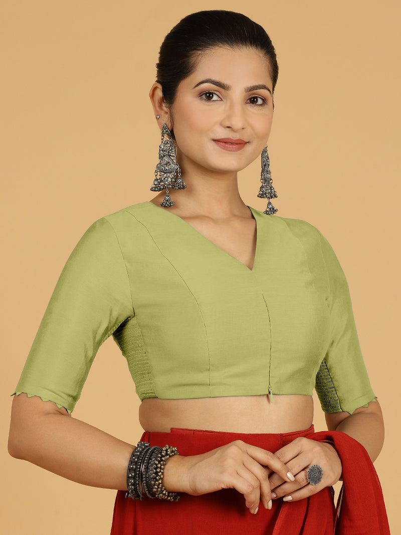 Divya x Rozaana | Elbow Sleeves Saree Blouse in Pista Green-Binks