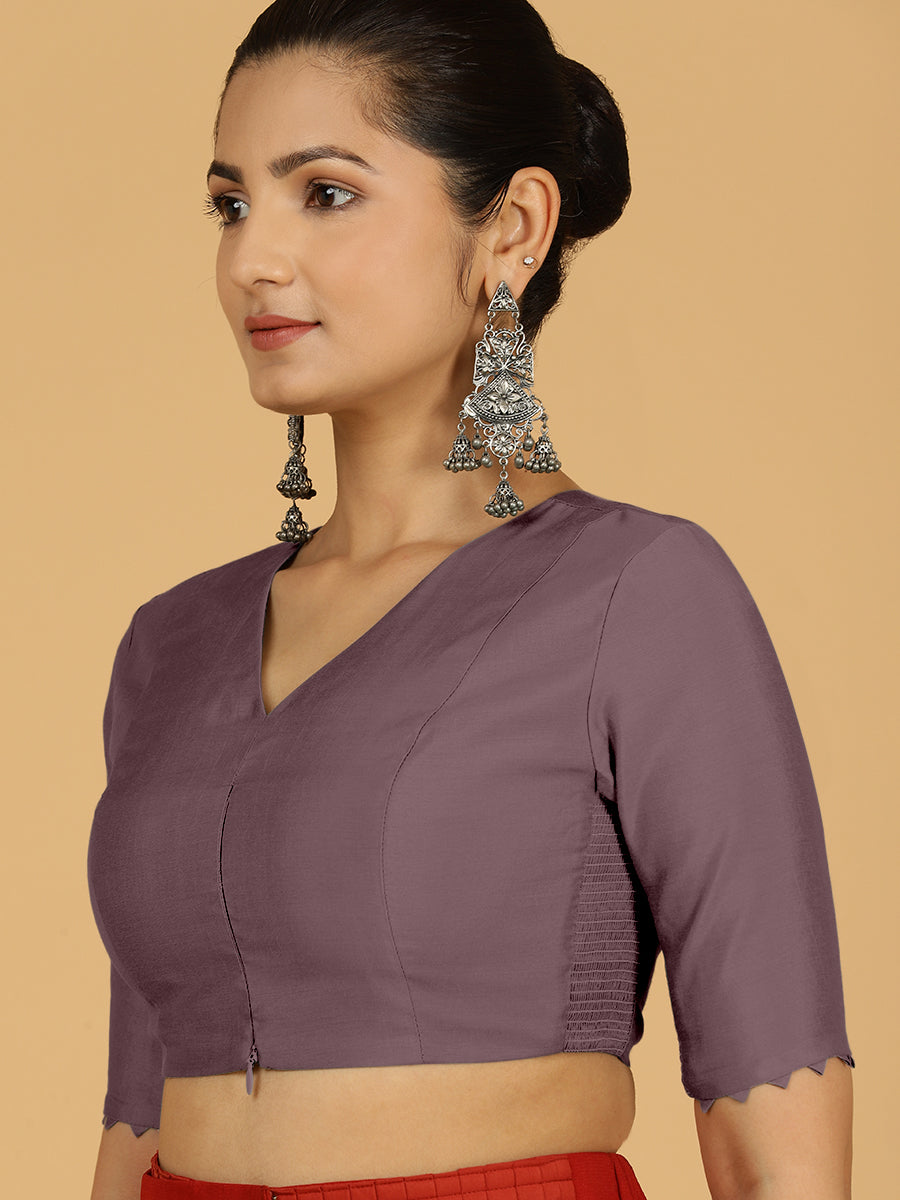 Divya x Rozaana Saree Blouse, in Purple Viscose, featuring elbow sleeves and v-neckline, made for daily & work (view 5).