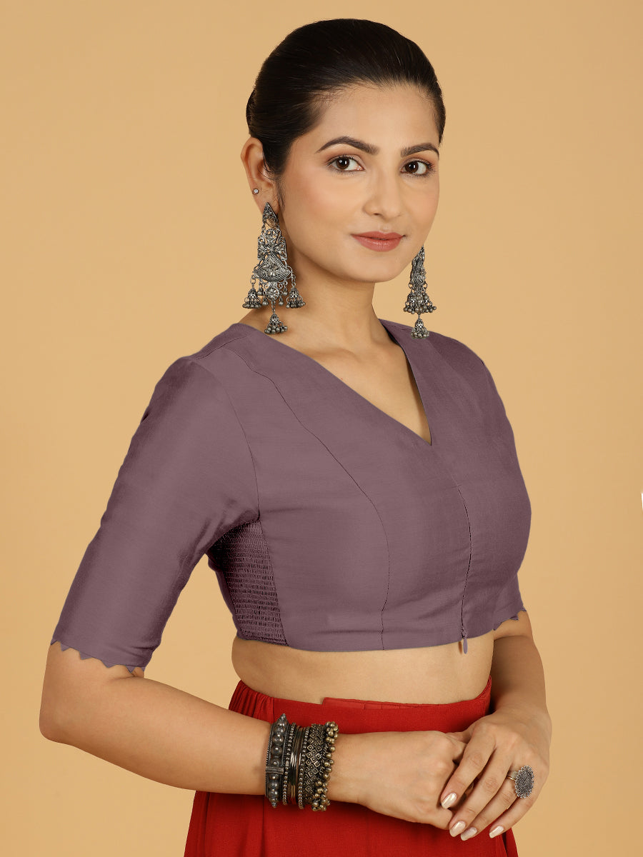 Divya x Rozaana Saree Blouse, in Purple Viscose, featuring elbow sleeves and v-neckline, made for daily & work (view 6).