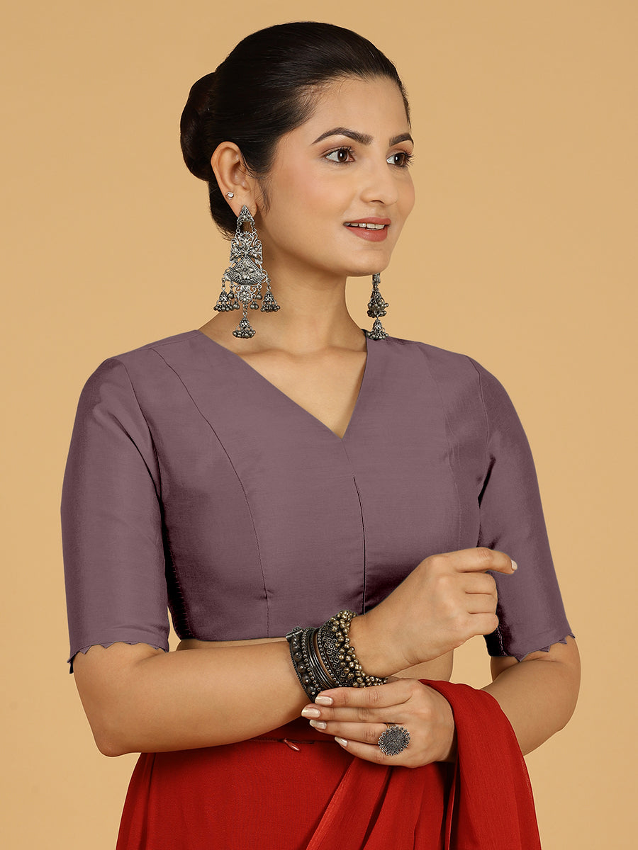 Divya x Rozaana Saree Blouse, in Purple Viscose, featuring elbow sleeves and v-neckline, made for daily & work (view 8).