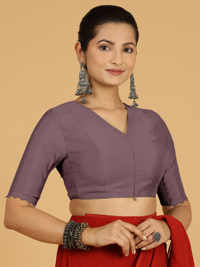 Divya x Rozaana | Elbow Sleeves Saree Blouse in Purple Mauve-Binks