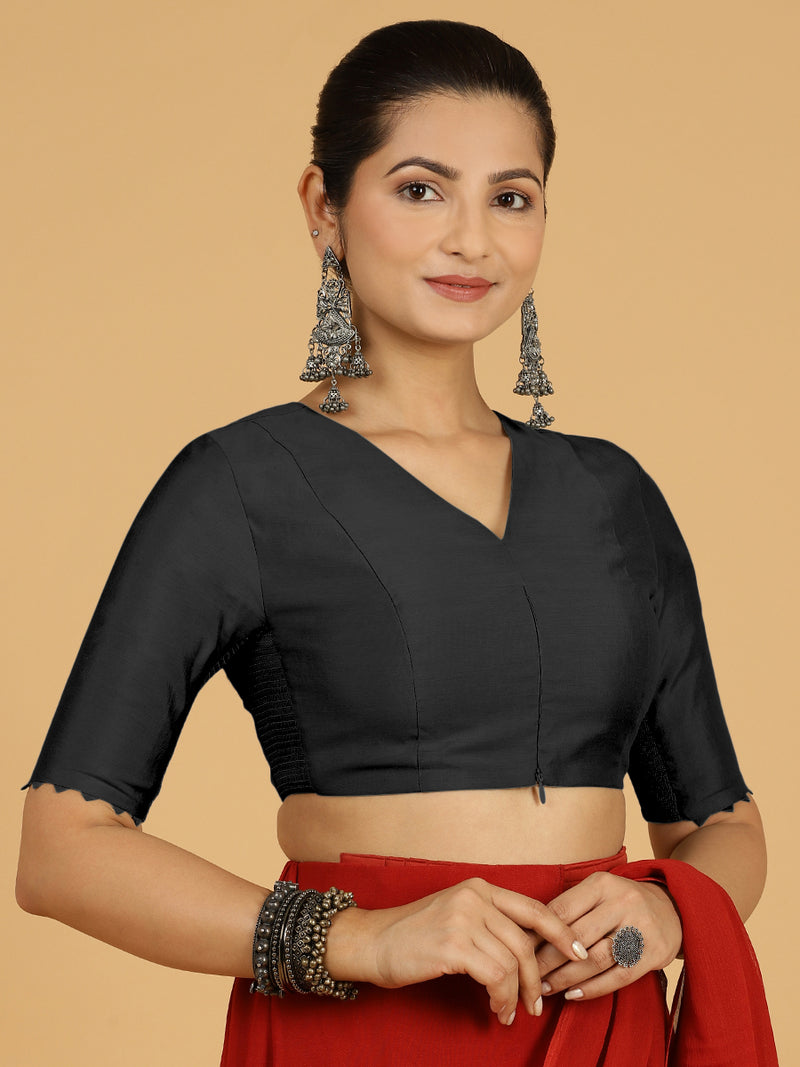 Divya x Rozaana | Elbow Sleeves Saree Blouse in Raven Black-Binks