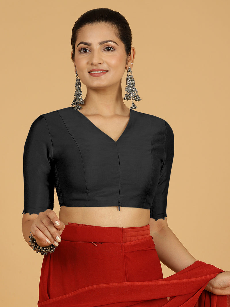 Divya x Rozaana | Elbow Sleeves Saree Blouse in Raven Black-Binks