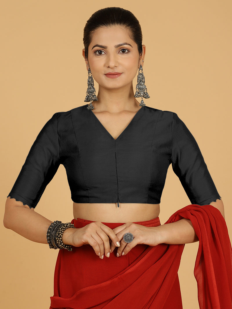 Divya x Rozaana | Elbow Sleeves Saree Blouse in Raven Black-Binks