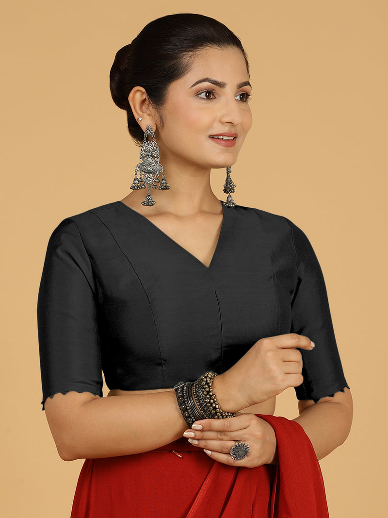 Divya x Rozaana | Elbow Sleeves Saree Blouse in Raven Black-Binks