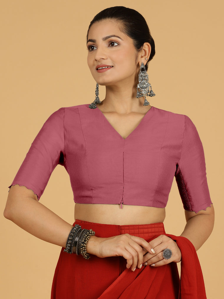 Divya x Rozaana Saree Blouse, in Pink Viscose, featuring elbow sleeves and v-neckline, made for daily & work.