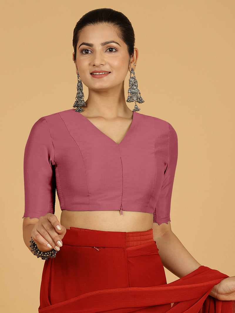 Divya x Rozaana | Elbow Sleeves Saree Blouse in Rose Pink-Binks