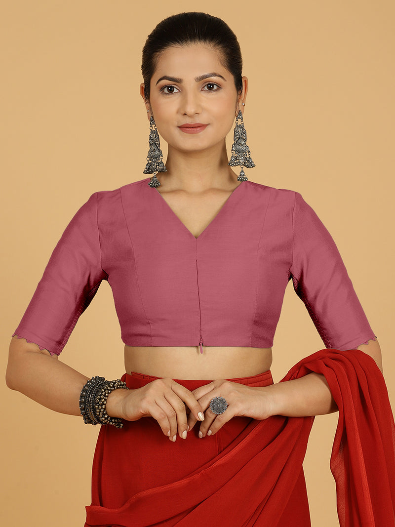Divya x Rozaana | Elbow Sleeves Saree Blouse in Rose Pink-Binks