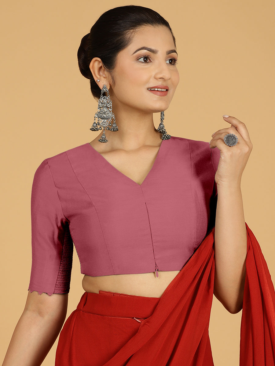 Divya x Rozaana Saree Blouse, in Pink Viscose, featuring elbow sleeves and v-neckline, made for daily & work (view 7).