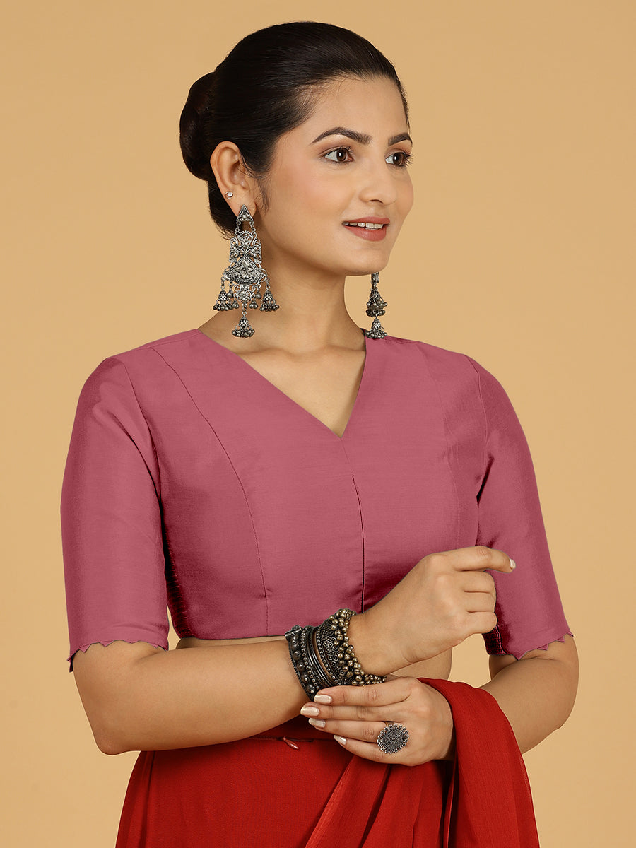 Divya x Rozaana Saree Blouse, in Pink Viscose, featuring elbow sleeves and v-neckline, made for daily & work (view 8).