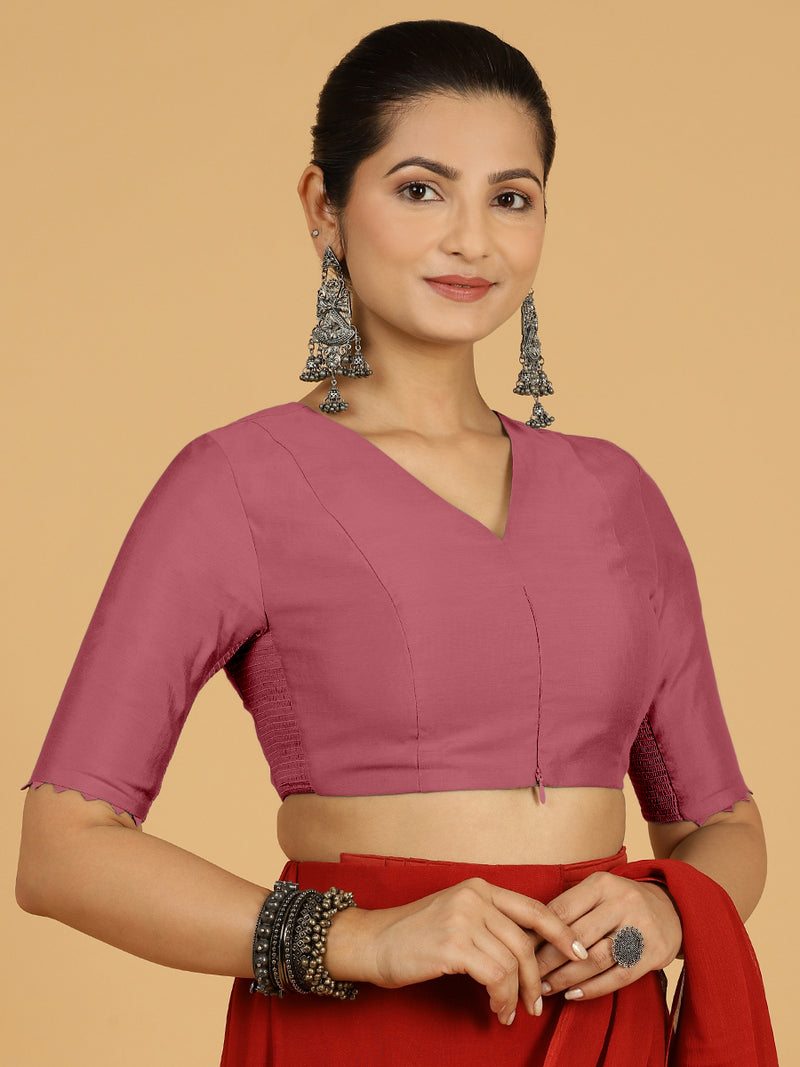 Divya x Rozaana | Elbow Sleeves Saree Blouse in Rose Pink-Binks