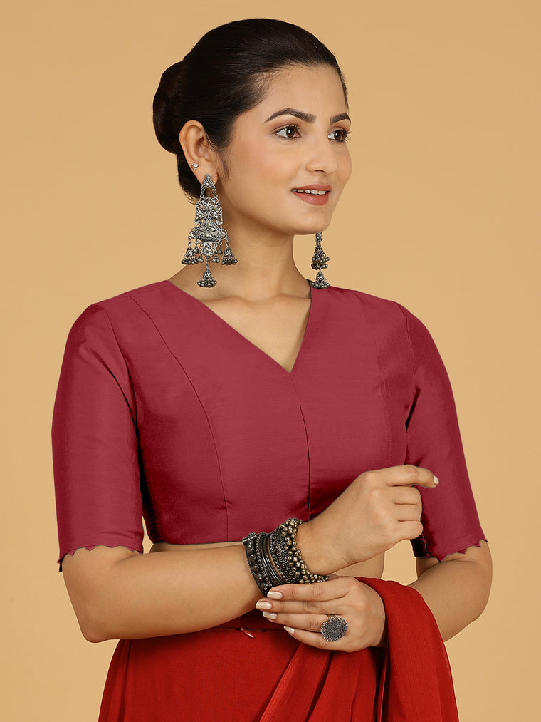 Divya x Rozaana Saree Blouse, in Red Viscose, featuring elbow sleeves and v-neckline, made for daily & work.