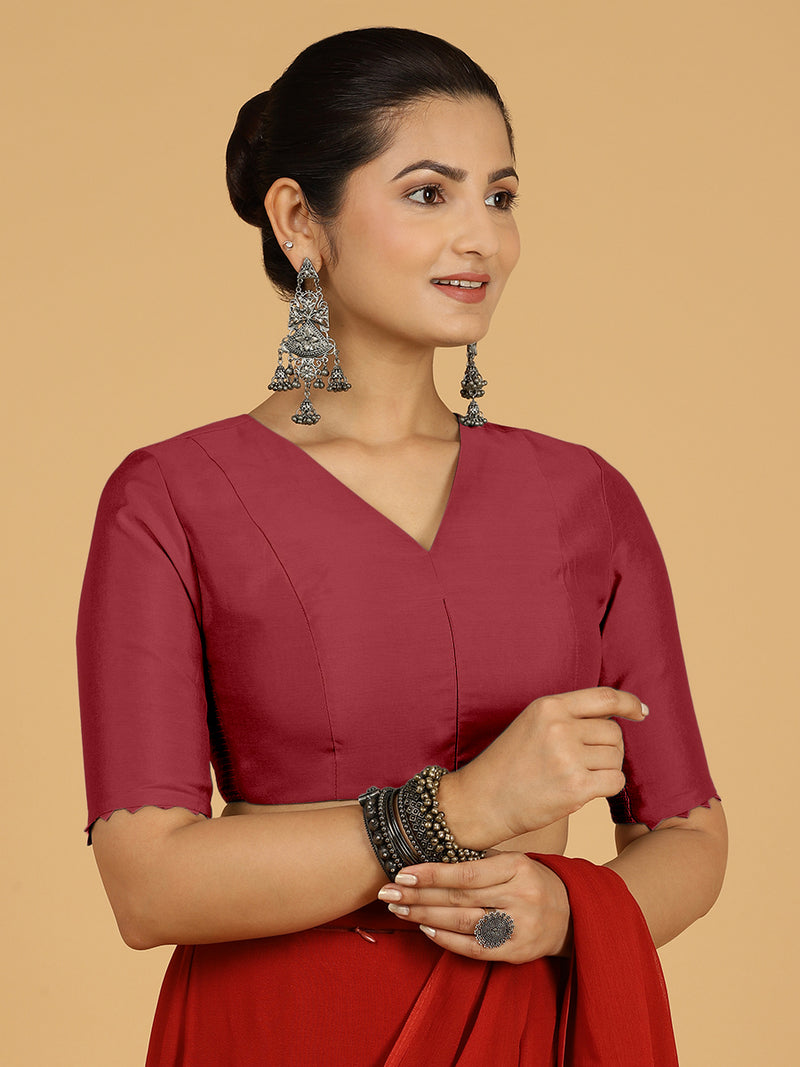Divya x Rozaana | Elbow Sleeves Saree Blouse in Scarlet Red-Binks