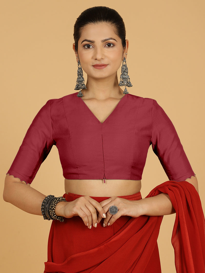 Divya x Rozaana | Elbow Sleeves Saree Blouse in Scarlet Red-Binks