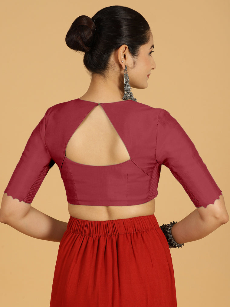 Divya x Rozaana Saree Blouse, in Red Viscose, featuring elbow sleeves and v-neckline, made for daily & work (view 2).