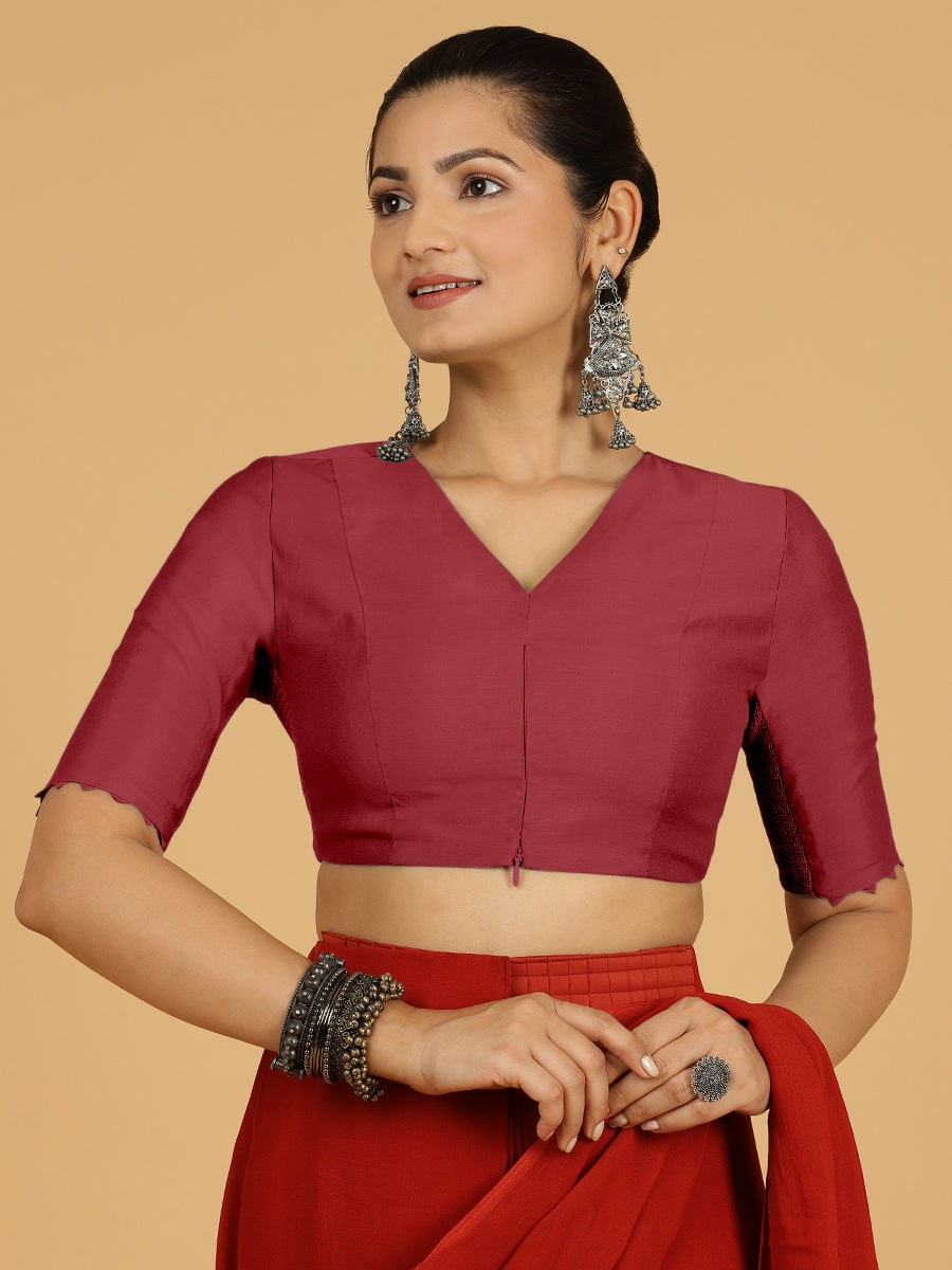 Divya x Rozaana Saree Blouse, in Red Viscose, featuring elbow sleeves and v-neckline, made for daily & work (view 6).